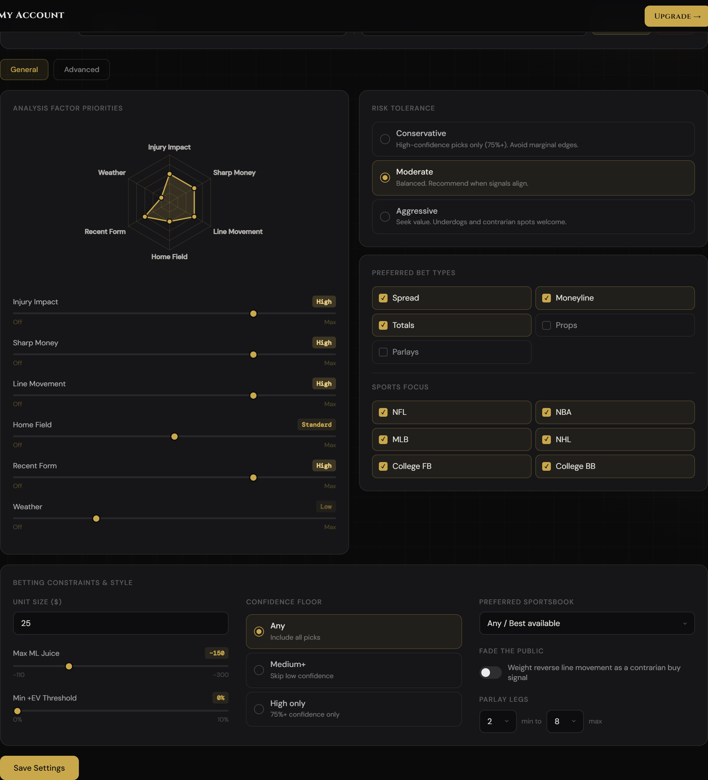 AI Settings tab — analysis factor priority radar chart, risk tolerance, bet type filters, and betting constraints