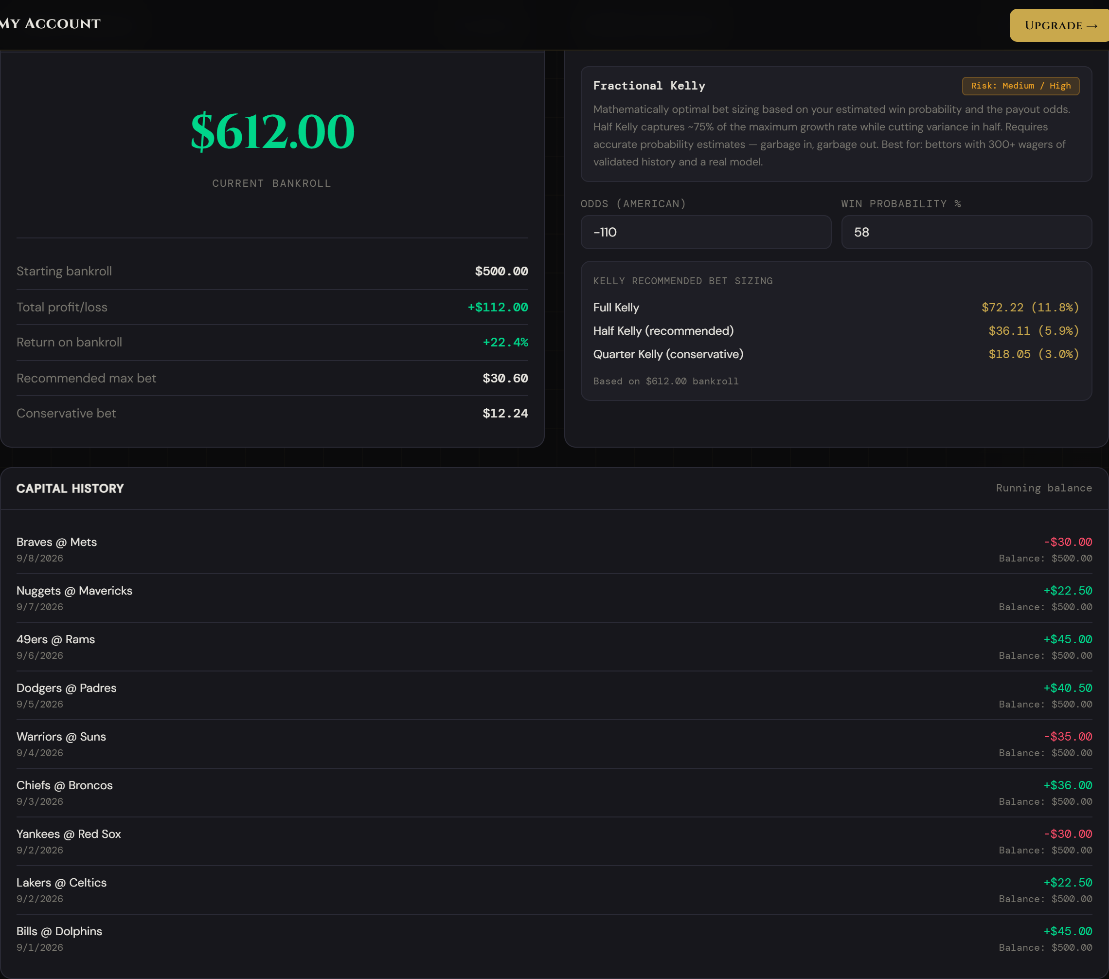 Capital Manager and Staking Calculator — current bankroll, capital history, and Fractional Kelly bet sizing outputs
