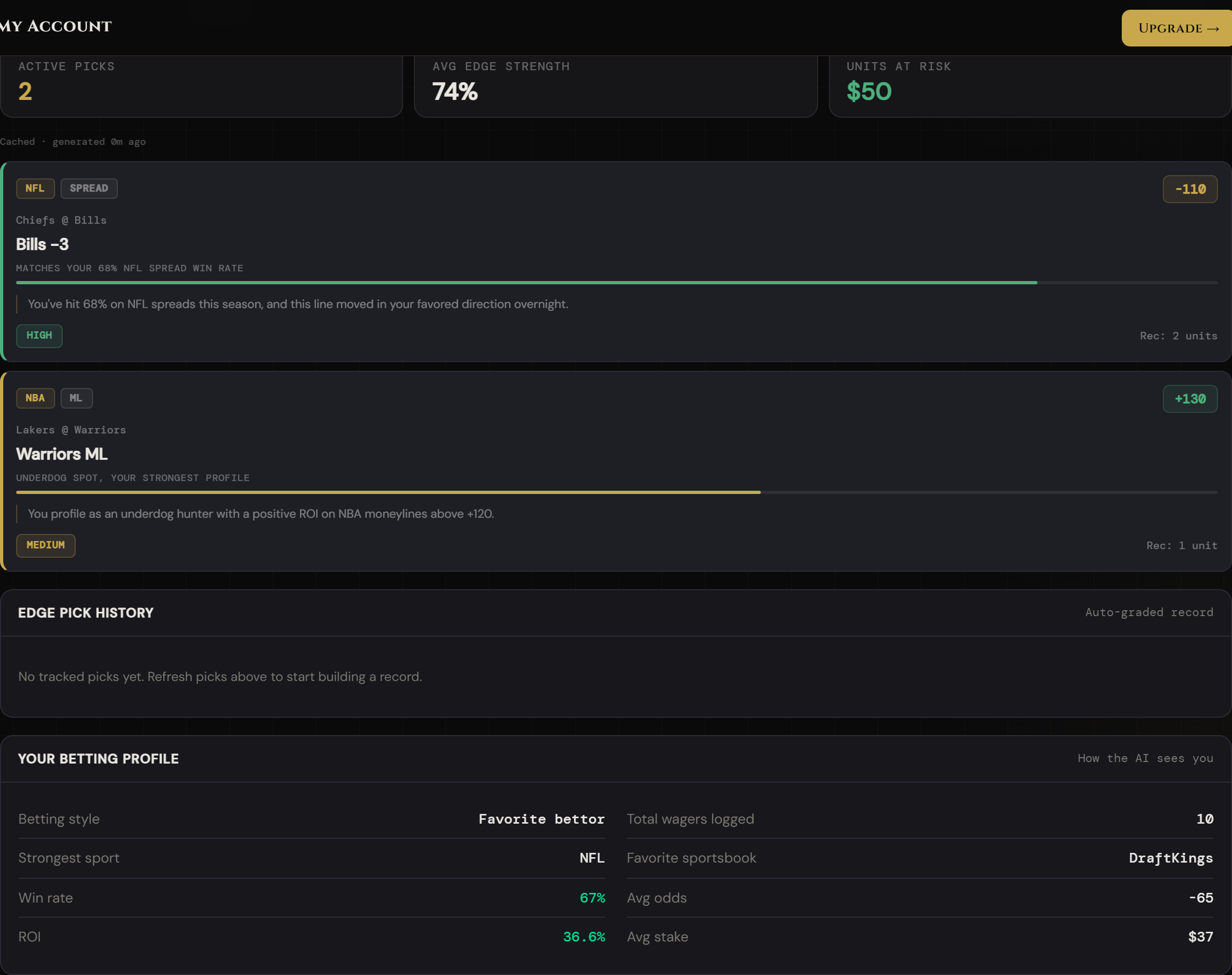 Edge Picks — personalized pick recommendations with confidence and reasoning, plus the AI's read on your betting profile